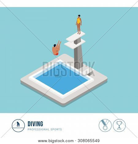Professional Sports Competition: Diving, Professional Diver Jumping From A Platform