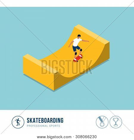 Professional Sports Competition: Skateboarding, Man Riding A Skateboard On A Halfpipe