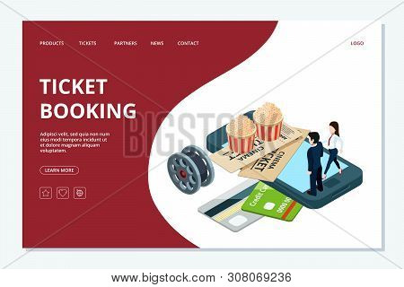Cinema Ticket Booking Web Page Template. Vector Isometric Cinema Landing Page. Illustration Of Booki