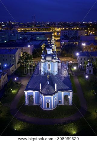 Night Panoramic Cityscape With Saint Sampsons Cathedral, Oldest Church In St. Petersburg, Russia.