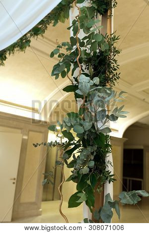 Beautiful Wedding Huppah Decorated With Fresh Fresh Flowers From Hydrangea And Eucalyptus Sheets In 