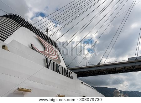 Dubrovnik, Croatia - 22 May 2019: Viking Star Cruise Ship Docked Under The Franjo Tudman Bridge In T