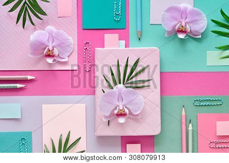 Floral Paper Background In Pink And Mint Colors. Orchid Flowers On Geometric Background With Copy-sp