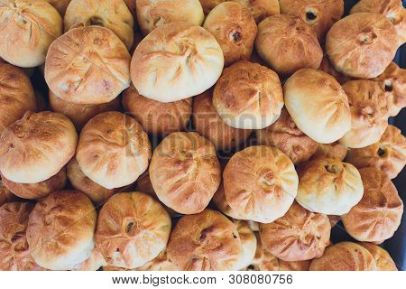 Preparation Of Belyashes. Traditional Russian Meat Pies Belyashi. Belyashes On A Table. Russian, Bas