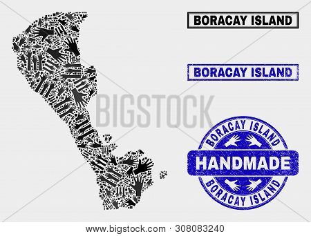 Vector Handmade Combination Of Boracay Island Map And Rubber Watermarks. Mosaic Boracay Island Map I