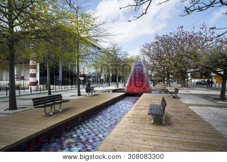Lisbon, Portugal. April 2018. The Fountains In  Alameda Dos Oceanos