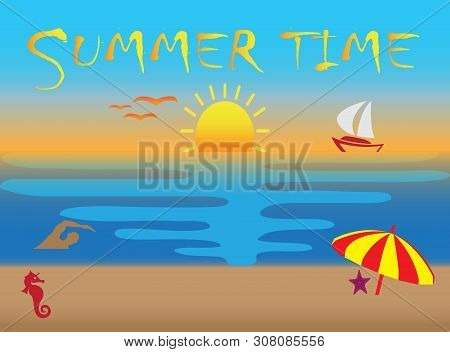 Summer Time Icons, Sunset And Flying Seagulls In The Beach For Logo Design Illustration