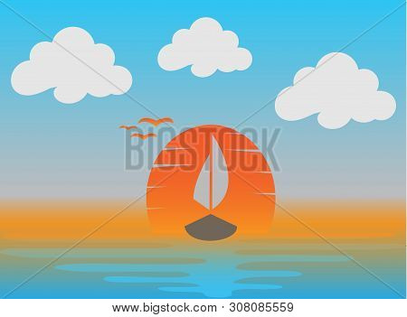 Sunset And A Boat With Flying Seagulls In The Sea For Logo Design Illustration