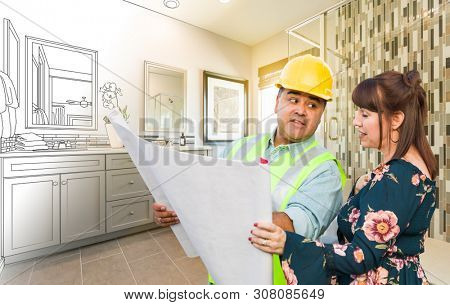 Hispanic Male Contractor Talking with Female Client Over Blueprint Plans In Front of Bathroom Drawing Gradating to Photo.