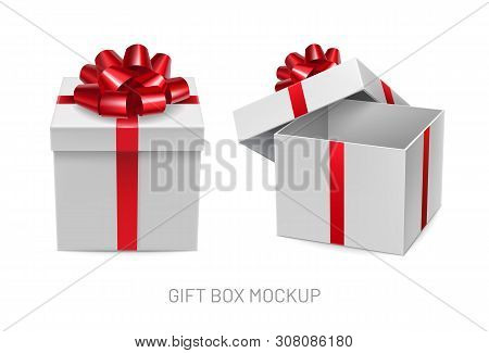 Opened And Closed Cardboard Square Boxes With Sparkling Red Ribbon. Festive Box For Competition Winn