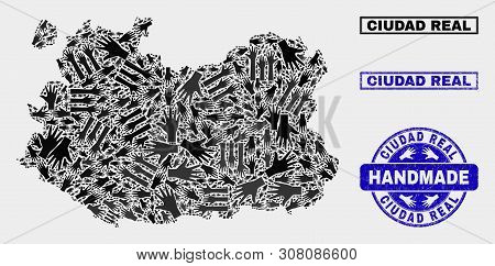 Vector Handmade Collage Of Ciudad Real Province Map And Rubber Seals. Mosaic Ciudad Real Province Ma