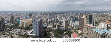 Aerial 180 degree panorama of downtown Nairobi, Kenya and financial district.