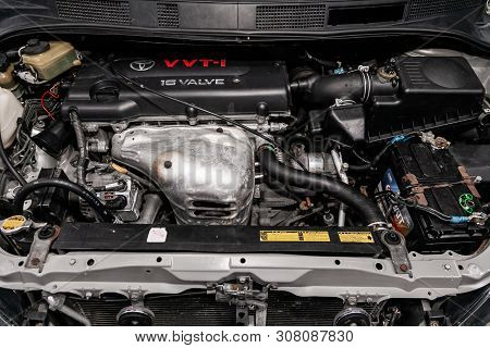 Novosibirsk, Russia - June 18, 2019:  Toyota Opa,close-up Of The Engine, Front View. Internal Combus