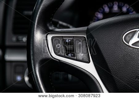 Novosibirsk, Russia - June 18, 2019: Hyundai I40,car Controller On Steerling Wheel ,music,control Sy