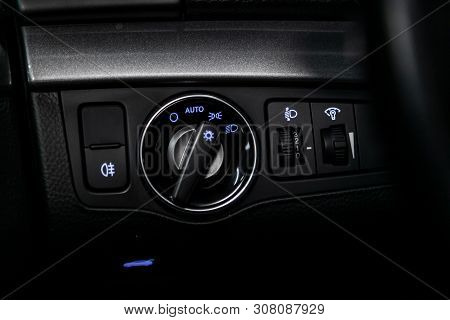 Novosibirsk, Russia - June 18, 2019: Hyundai I40, Close-up On The Headlight Switch Control Buttons, 