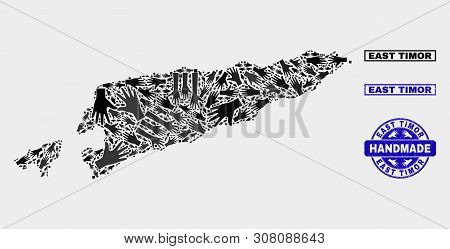 Vector Handmade Composition Of East Timor Map And Rubber Watermarks. Mosaic East Timor Map Is Made O