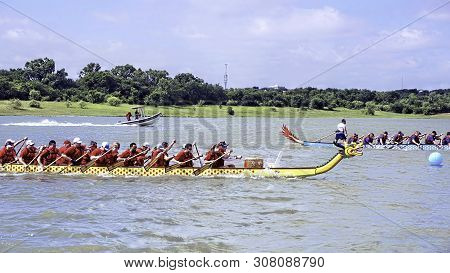 Arlington,texas - June 15,2019 - Dragon Boat Race At Lake Viridian. Showing Two Of The Dragon Boats 