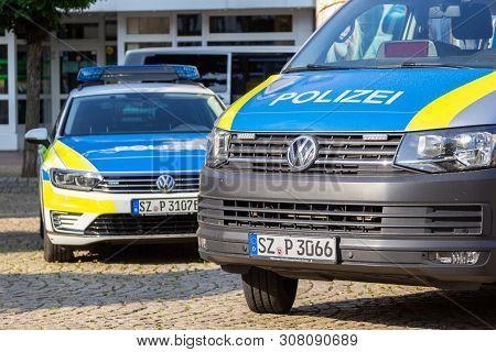 Peine / Germany - June 22, 2019: German Police Cars Stands On A Public Event, Day Of The Uniform In 