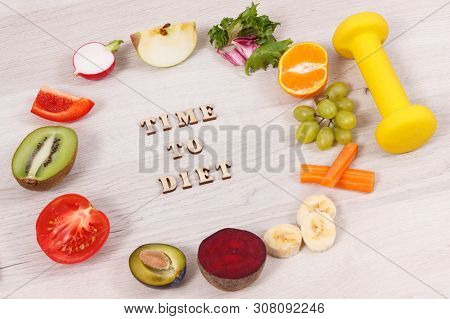 Fresh Ripe Fuits With Vegetables And Dumbbell For Using In Fitness, Concept Of Nutritious Food And R