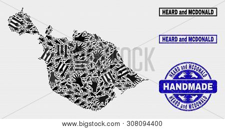 Vector Handmade Composition Of Heard And Mcdonald Islands Map And Corroded Stamp Seals. Mosaic Heard