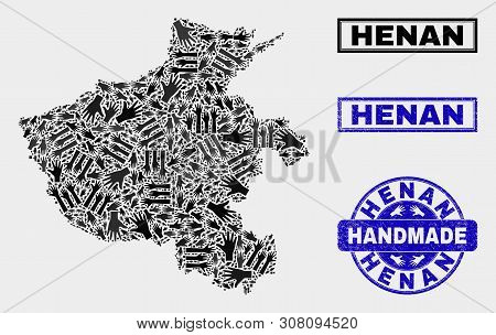 Vector Handmade Combination Of Henan Province Map And Textured Stamp Seals. Mosaic Henan Province Ma