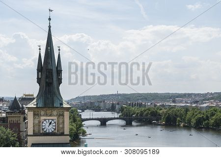 Prague, Czech Republic.  May 2018. A Panoramic View Of Moldava River