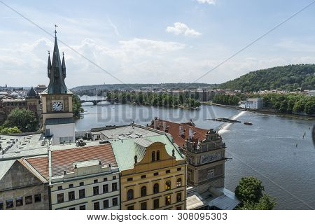 Prague, Czech Republic.  May 2018.   A Panoramic View Of Moldava River In Prague, Czeche Republic