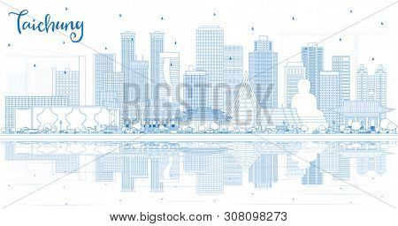Outline Taichung Taiwan City Skyline with Blue Buildings and Reflections. Business Travel and Tourism Concept with Historic Architecture. Taichung China Cityscape with Landmarks.