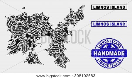 Vector Handmade Composition Of Limnos Island Map And Grunge Stamp Seals. Mosaic Limnos Island Map Is