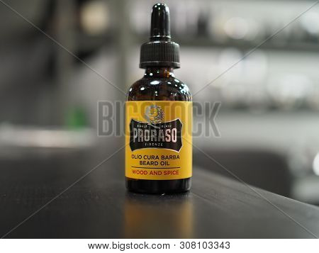 Russia, Saratov - 24 November 2018. Oil For The Care Of The Beard In Barbershop