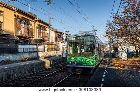 Kyoto, Japan - November 20, 2018: Arriving Train Of Keifuku Electric Railroad Kitano Line Arriving R