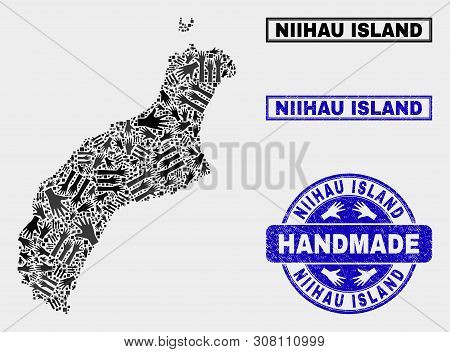 Vector Handmade Collage Of Niihau Island Map And Corroded Stamp Seals. Mosaic Niihau Island Map Is C