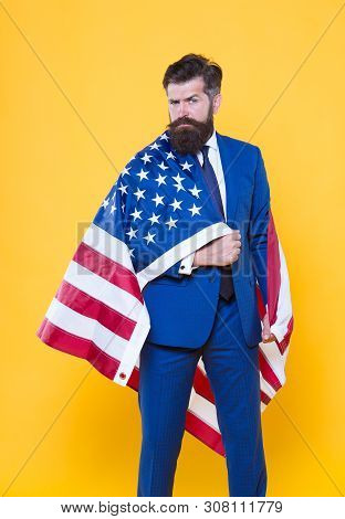 National Pride. Bearded Man Wearing National Flag Of The Usa On Formalwear. Confident Businessman Ce