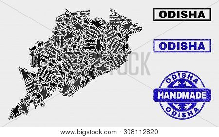 Vector Handmade Combination Of Odisha State Map And Grunge Seals. Mosaic Odisha State Map Is Made Of