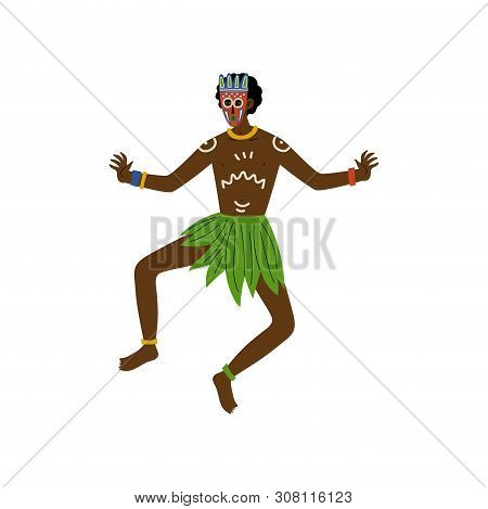 African Man Dancing, Male Aboriginal With Painted Face Dressed In Bright Traditional Ethnic Clothing