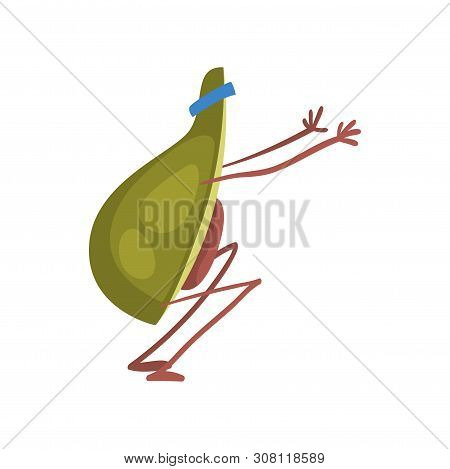 Avocado Doing Squats, Funny Exotic Fruit Athlete Cartoon Character Doing Sports Vector Illustration