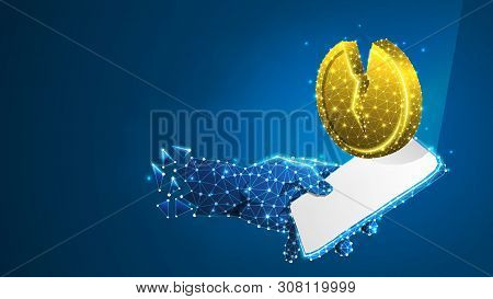 Phone In A Hand, Golden Broken Coin On White Mobile Screen. Money Downtrend, Investment App Concept.