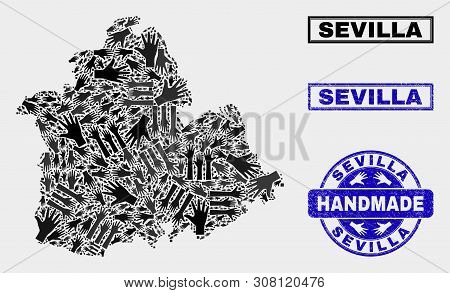 Vector Handmade Collage Of Sevilla Province Map And Rubber Stamp Seals. Mosaic Sevilla Province Map 