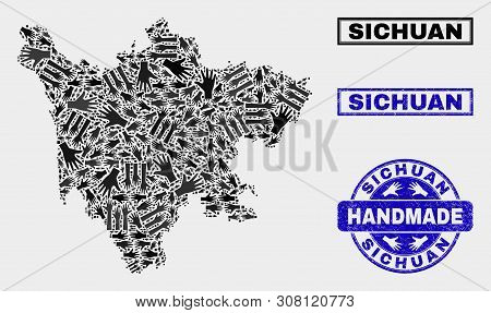 Vector Handmade Composition Of Sichuan Province Map And Corroded Seals. Mosaic Sichuan Province Map 