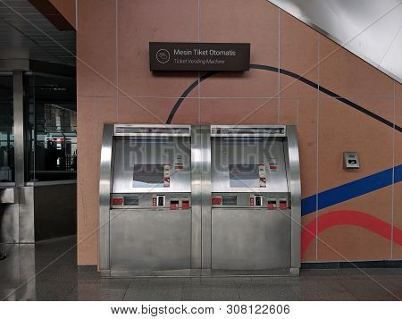 Jakarta, Indonesia - June 17, 2019: Ticket Vending Machines Of Lrt Jakarta Train At Velodrome Ramawa