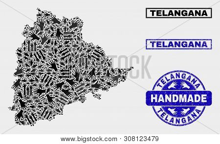Vector Handmade Collage Of Telangana State Map And Scratched Stamp Seals. Mosaic Telangana State Map