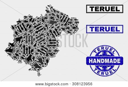 Vector Handmade Composition Of Teruel Province Map And Corroded Watermarks. Mosaic Teruel Province M