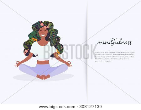Girl With Flower Hair In Gyan Mudra Yoga Lotus Pose Exercise. Meditation Health Benefits For Body, M