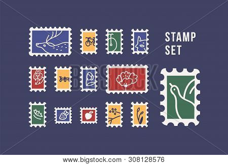 Collection Of Postage Stamps With Animals, Birds, Flowers And Fruits Isolated On Dark Background. Ph