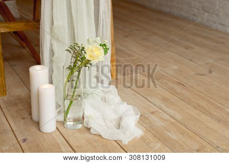 Branch Of Blooming White Peony Tulip Mattiola Branch In A Glass Vase White Wax Candles Stand On The 