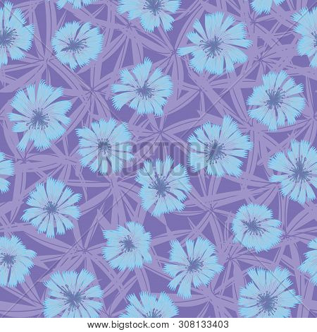 A Seamless Vector Pattern With Blue Chickory Flowers On Purple Background. Surface Print Design.
