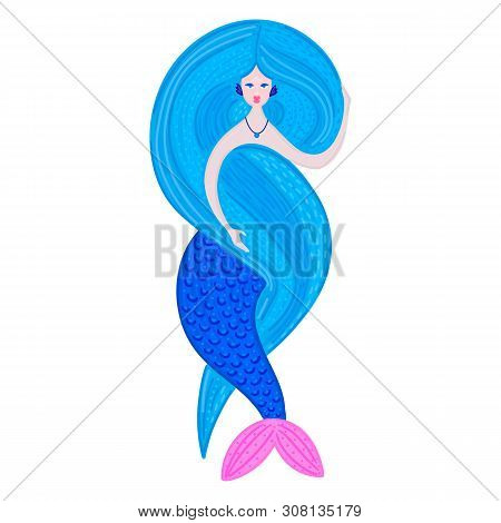 Vector Mermaid. Sea Girl. Beautiful Woman With Tail. Marine Life. Nixie With Long Lush Hair. Creativ