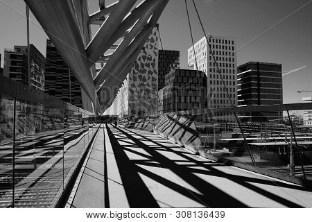 Amasing Akrobaten Pedestrian Bridge In Oslo, Norway In B/w