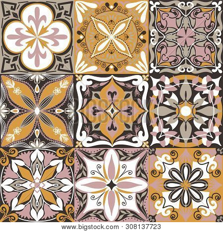 Vector Portuguese Azulejo Tiles Seamless Pattern Background.