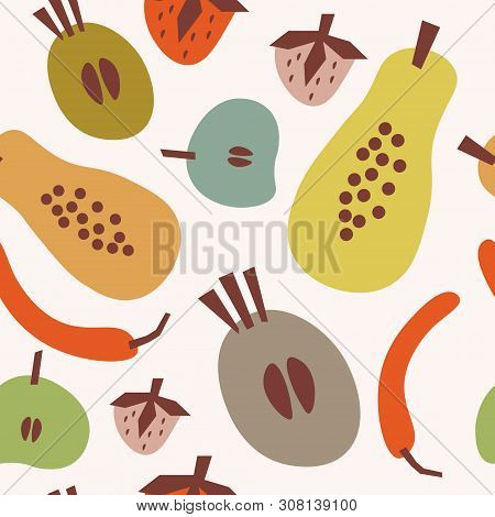 Flat Seamless Pattern With Papaya, Red Pepper, Other Fruits And Spice. Summer Food Tropical Backgrou